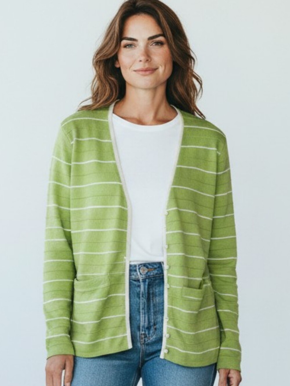 Monterey Bay Womens Green Striped Button Up Cardigan V Neck Long Sleeve Size S